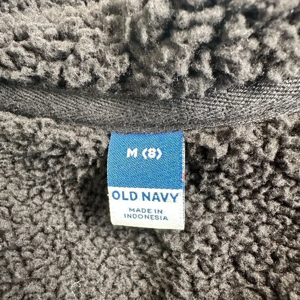 EUC Old Navy Child Kids Black Full Zip Hoodie Sherpa Lined Logo Jacket. - Size M